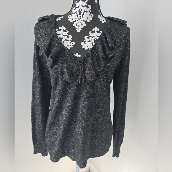 LAUREN Ralph Lauren Women's Sz L Pullover Metallic Black/Gold Ruffle Sparkle Top - Picture 1 of 14